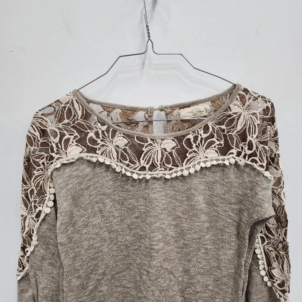 Areve Womens Fairy Romantic BOHO Top Small‎ Beige Lace Yoke 3/4 Sleeve